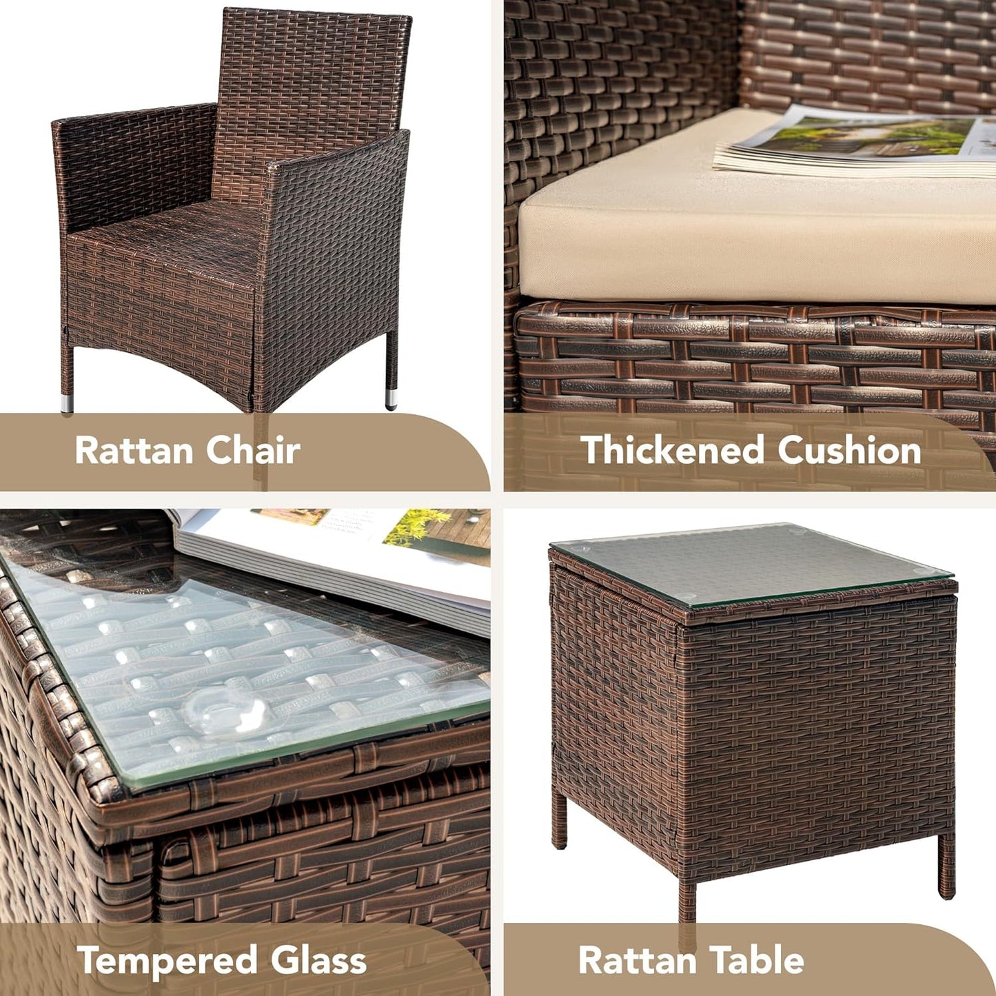 3-Piece Rattan Wicker Patio Set - Outdoor Garden Furniture with Table (Brown/Beige)
