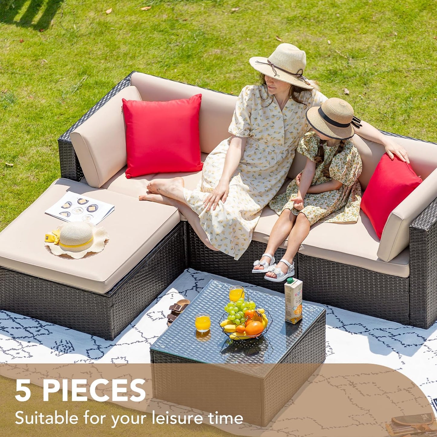 5-Piece Beige Wicker Patio Sofa Set with Cushions & Glass Table