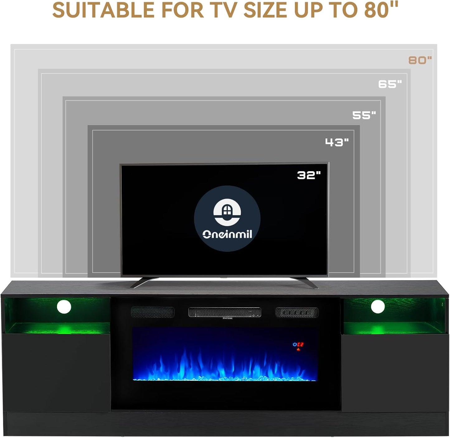 Fireplace TV Stand with 36" Electric Fireplace, LED Light Entertainment Center, Modern Wood Texture Entertainment Stand with Highlight Storage Cabinet for Tvs up to 80", 70 Inches, Black