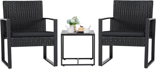 Black 3-Piece Wicker Patio Set with Coffee Table