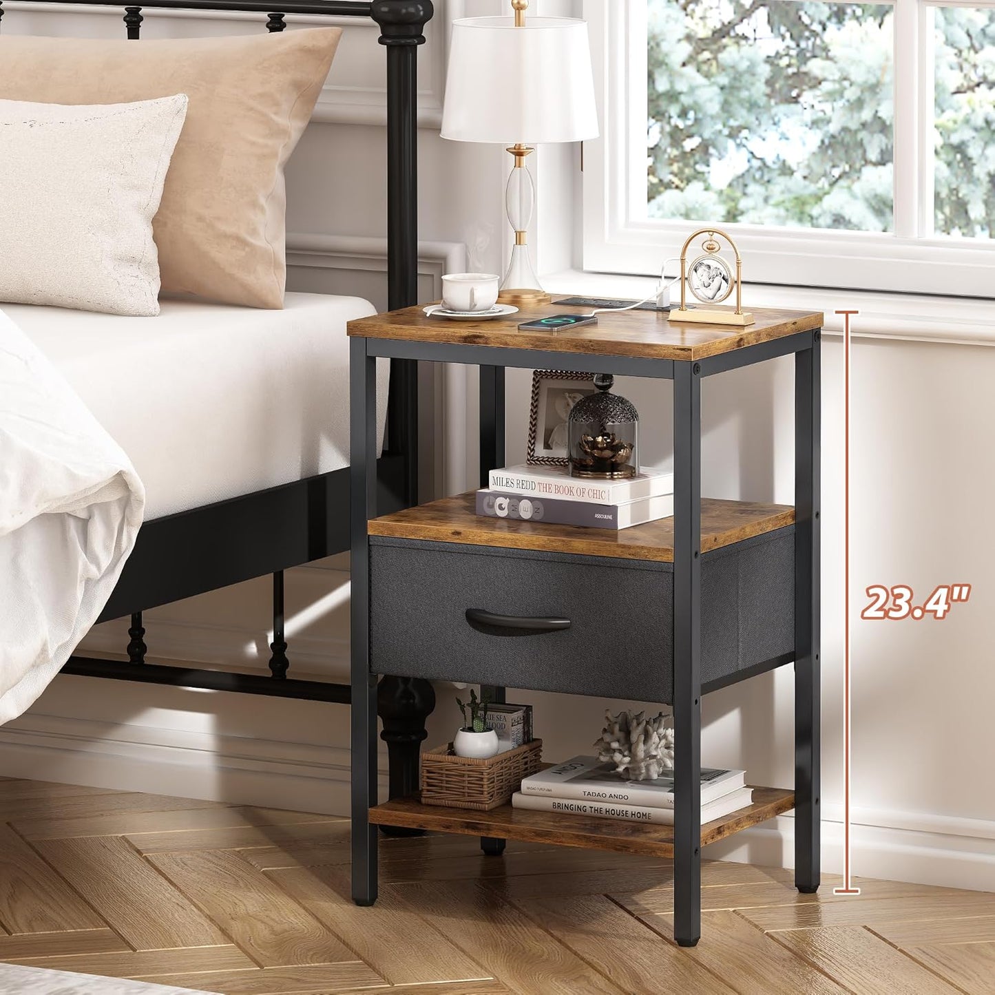 Nightstand with Charging Station, Bed Side Table with Adjustable Fabric Drawer, Night Stand for Bedroom, 3-Tier Storage End Table, for Living Room, Rustic Brown and Black