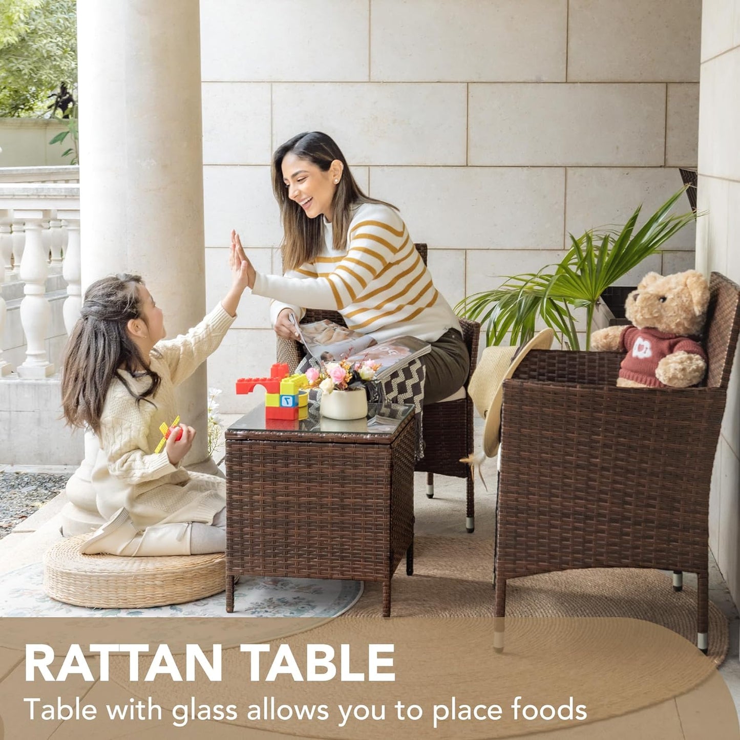3-Piece Rattan Wicker Patio Set - Outdoor Garden Furniture with Table (Brown/Beige)