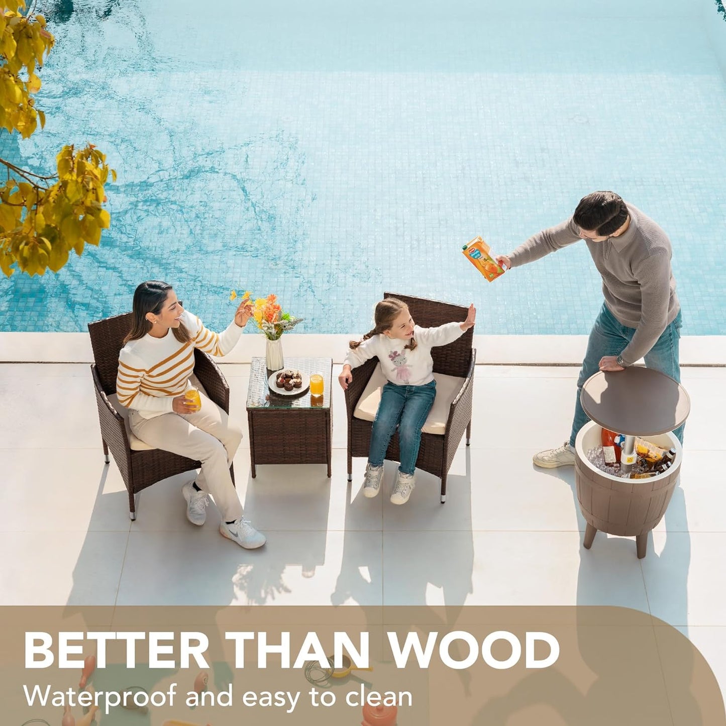 3-Piece Rattan Wicker Patio Set - Outdoor Garden Furniture with Table (Brown/Beige)