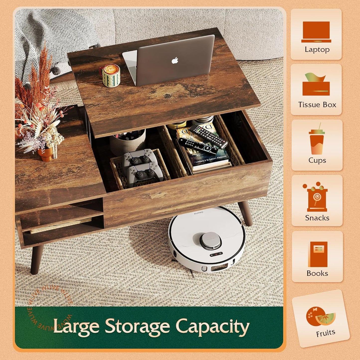 Wood Lift Top Coffee Table with Hidden Compartment and Adjustable Storage Shelf, Lift Tabletop Dining Table for Home Living Room, Office, Rustic Oak