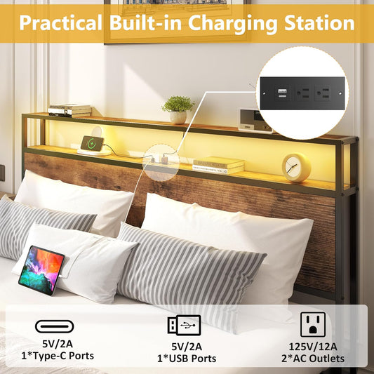 Queen Bed Frame with 2-Tier Storage Headboard, Metal Platform Bed Frame with 4 Storage Drawers, Built in Charging Station & LED, Noise-Free/Metal Support/No Box Spring Needed, Vintage Brown