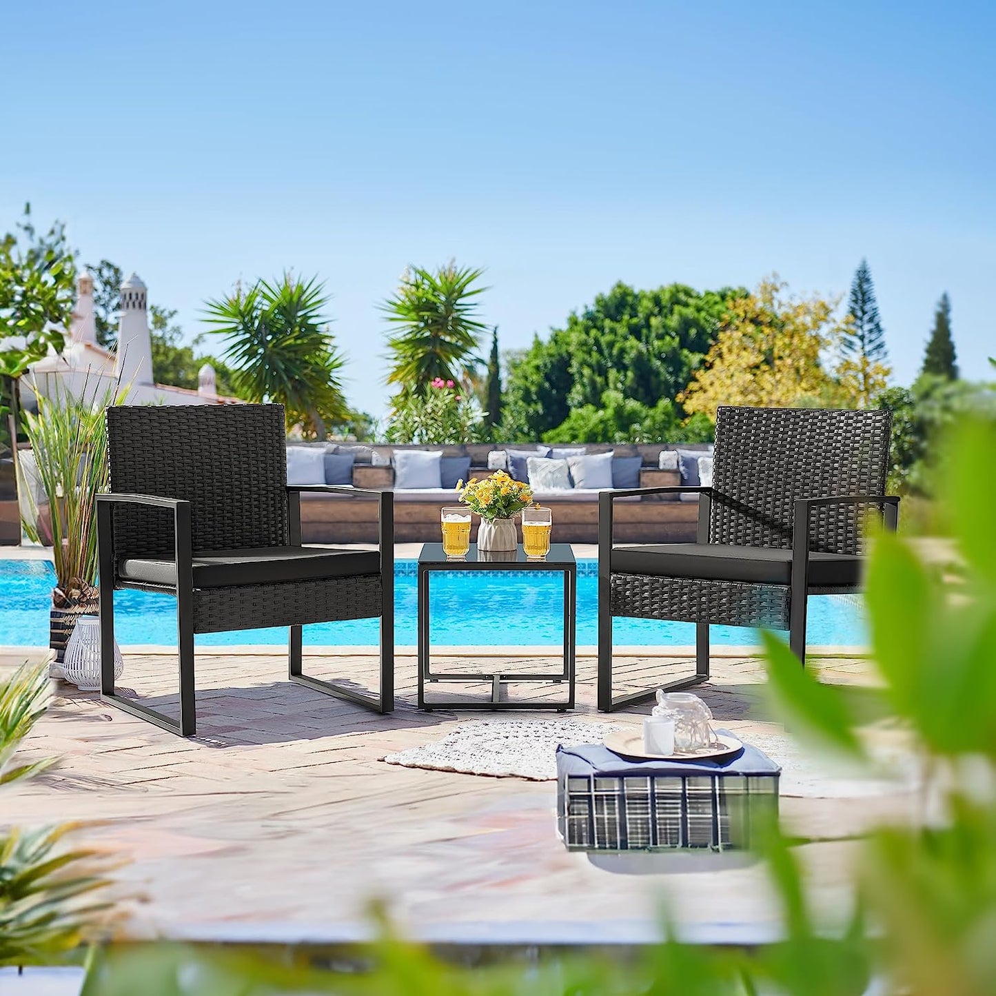 Black 3-Piece Wicker Patio Set with Coffee Table
