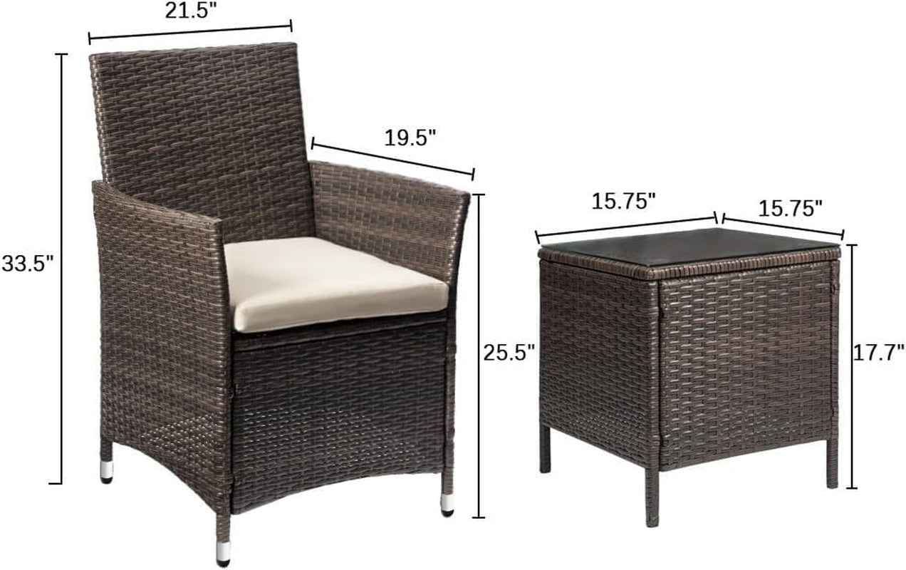 3-Piece Rattan Wicker Patio Set - Outdoor Garden Furniture with Table (Brown/Beige)
