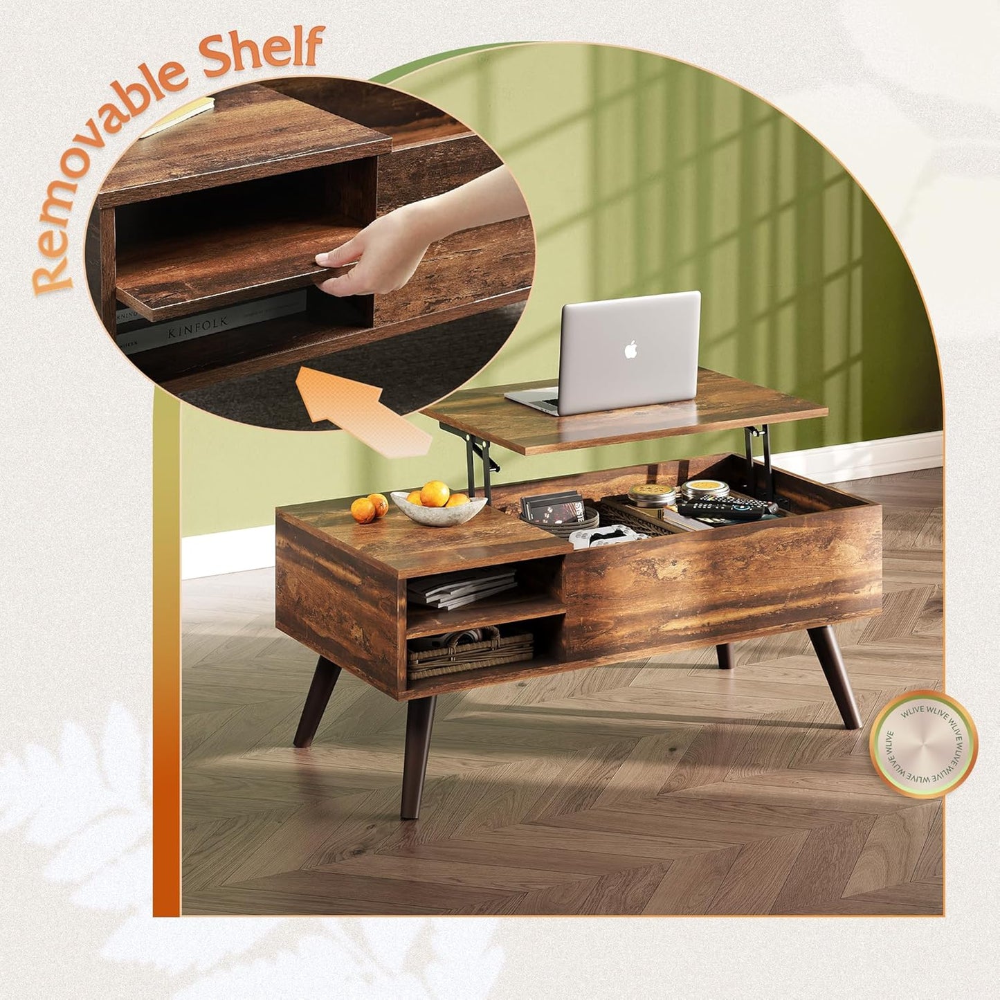 Wood Lift Top Coffee Table with Hidden Compartment and Adjustable Storage Shelf, Lift Tabletop Dining Table for Home Living Room, Office, Rustic Oak