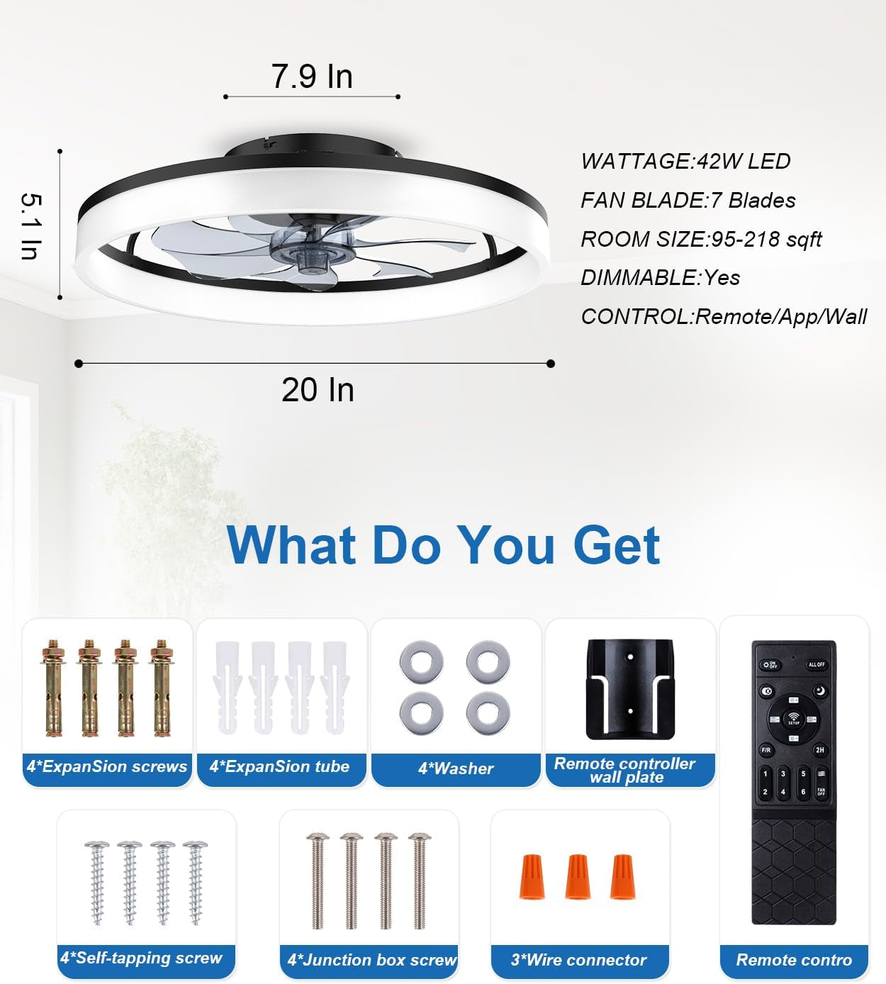 Ceiling Fans with Lights and Remote, 20" Modern Low Profile Ceiling Fan with Light, Stepless Color Temperature Change and 6 Speeds for Bedroom, Kids Room and Living Room (Black)