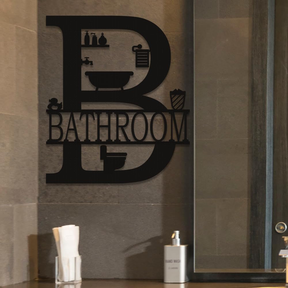 Metal Bathroom Wall Decor, Farmhouse Metal Bathroom Wall Art, Funny Bathroom Sign for Modern Home Hanging Decorations. (Black - 12 X 14 Inch)