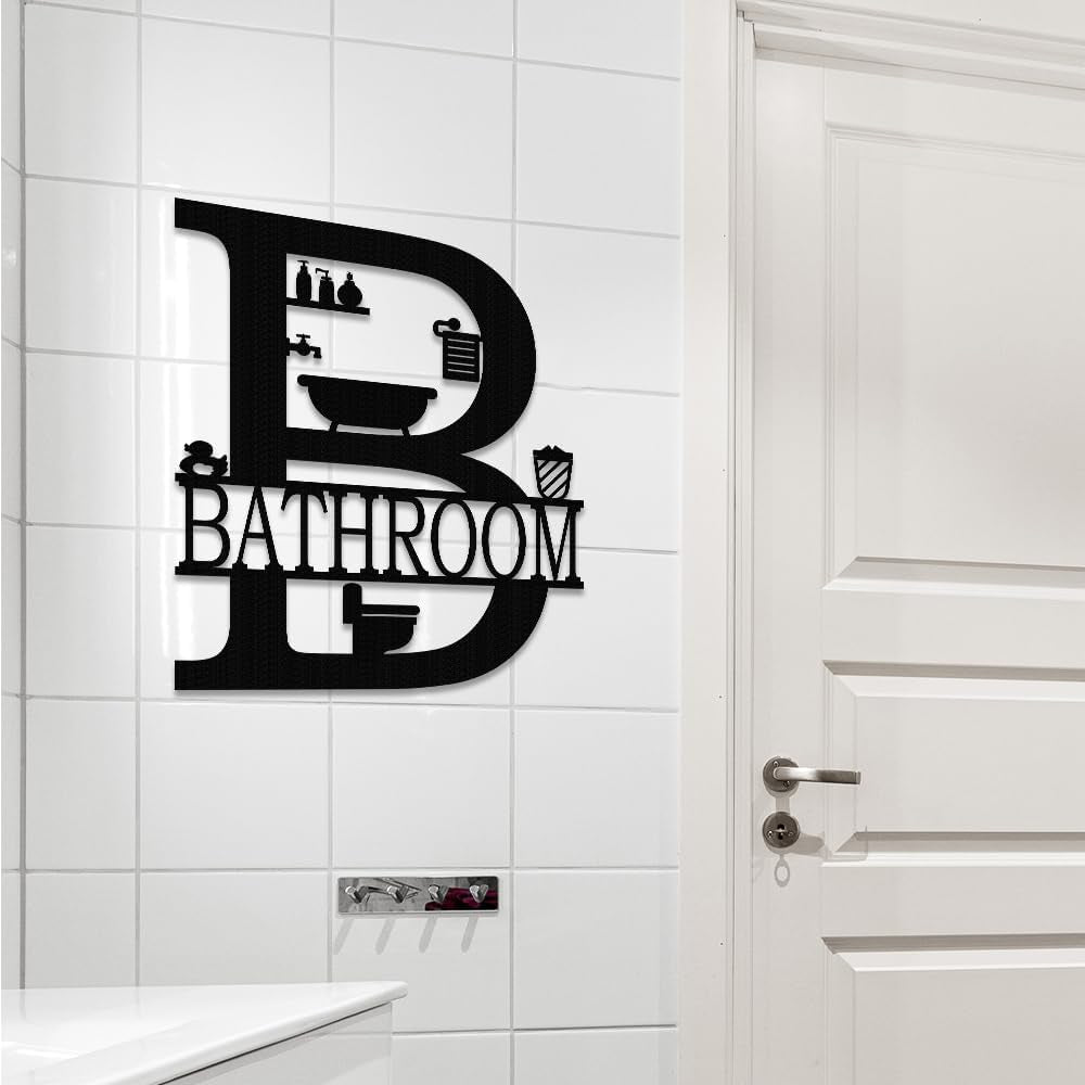 Metal Bathroom Wall Decor, Farmhouse Metal Bathroom Wall Art, Funny Bathroom Sign for Modern Home Hanging Decorations. (Black - 12 X 14 Inch)