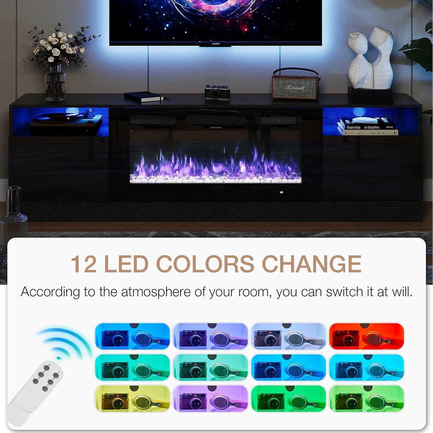 Fireplace TV Stand with 36" Electric Fireplace, LED Light Entertainment Center, Modern Wood Texture Entertainment Stand with Highlight Storage Cabinet for Tvs up to 80", 70 Inches, Black