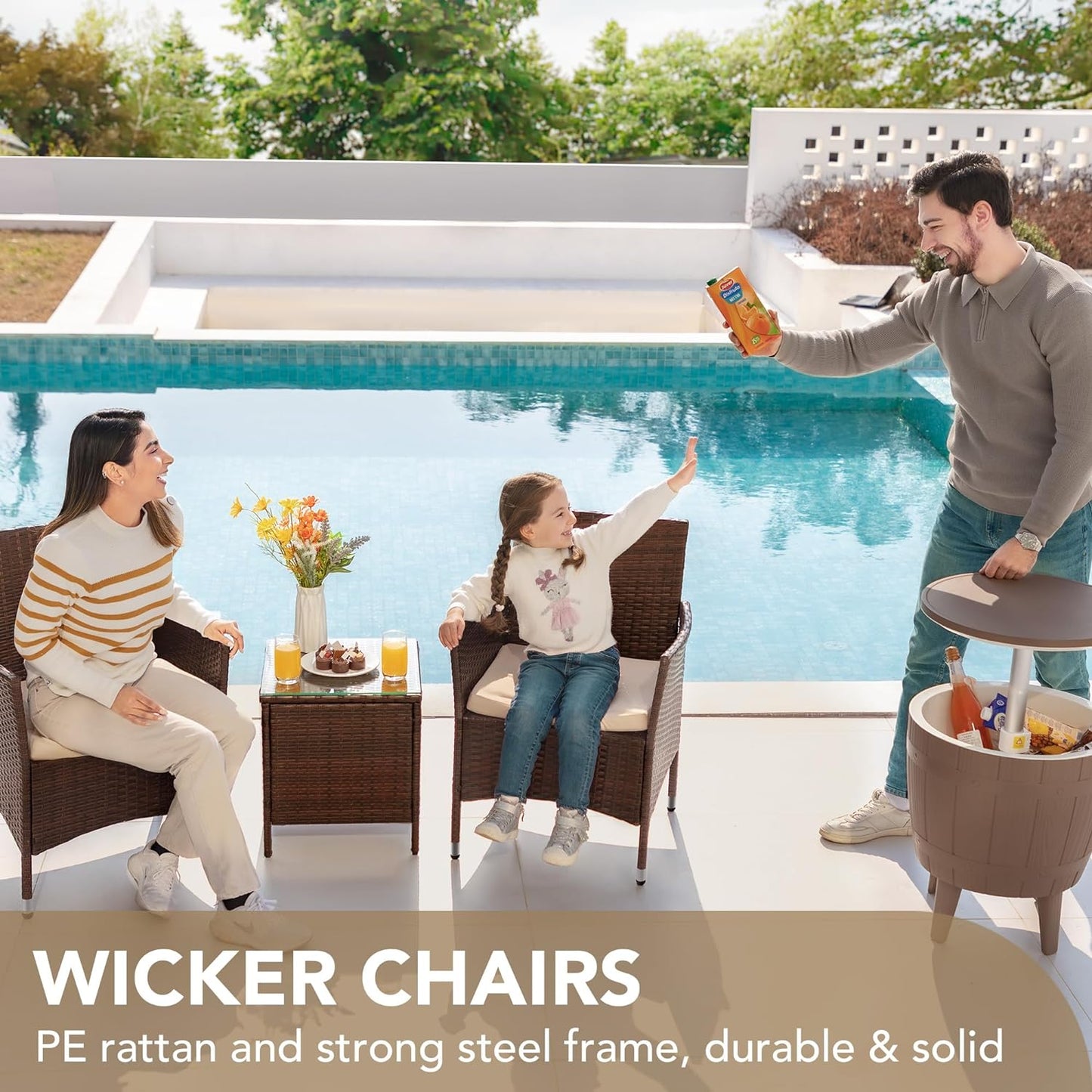 3-Piece Rattan Wicker Patio Set - Outdoor Garden Furniture with Table (Brown/Beige)