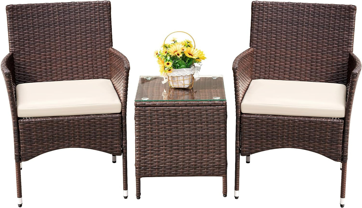 3-Piece Rattan Wicker Patio Set - Outdoor Garden Furniture with Table (Brown/Beige)