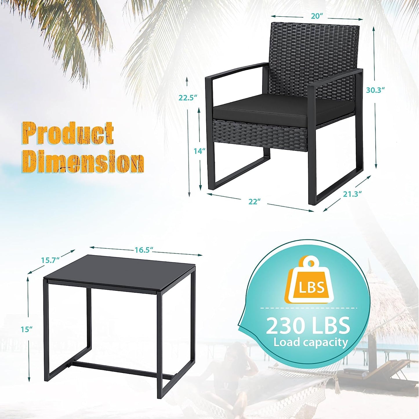Black 3-Piece Wicker Patio Set with Coffee Table