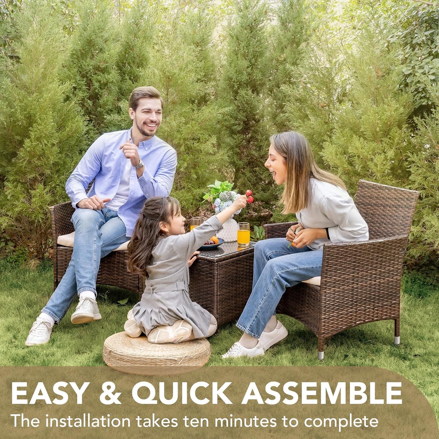 3-Piece Rattan Wicker Patio Set - Outdoor Garden Furniture with Table (Brown/Beige)