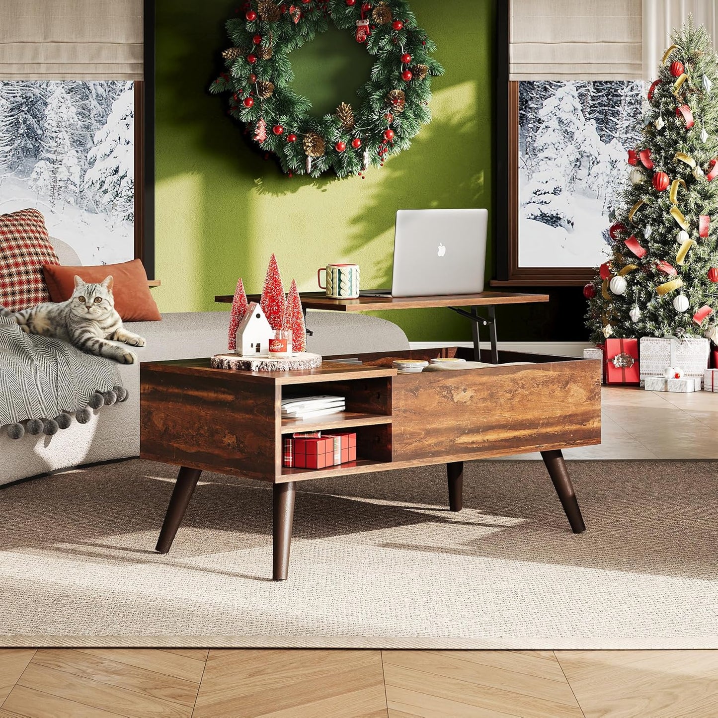Wood Lift Top Coffee Table with Hidden Compartment and Adjustable Storage Shelf, Lift Tabletop Dining Table for Home Living Room, Office, Rustic Oak