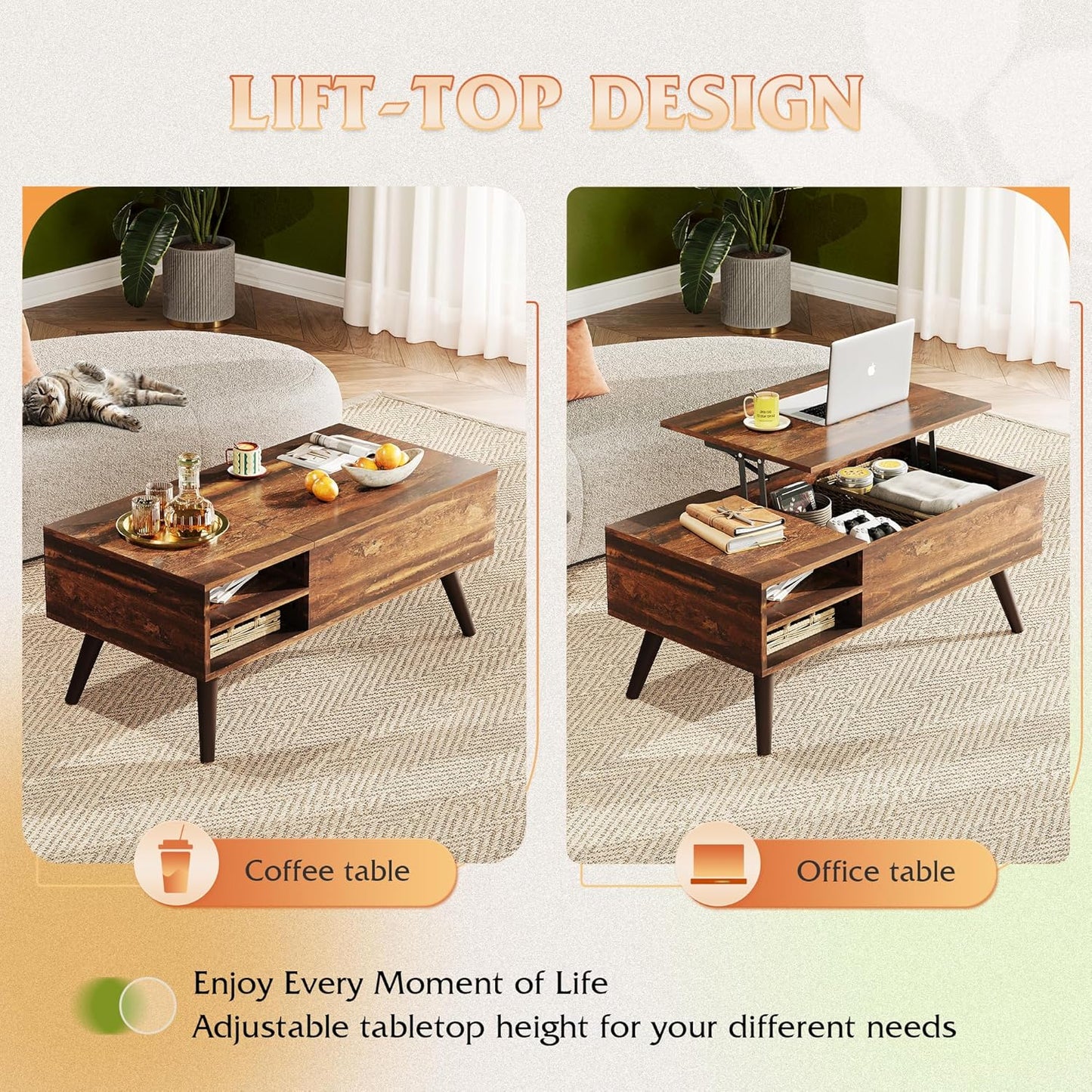 Wood Lift Top Coffee Table with Hidden Compartment and Adjustable Storage Shelf, Lift Tabletop Dining Table for Home Living Room, Office, Rustic Oak