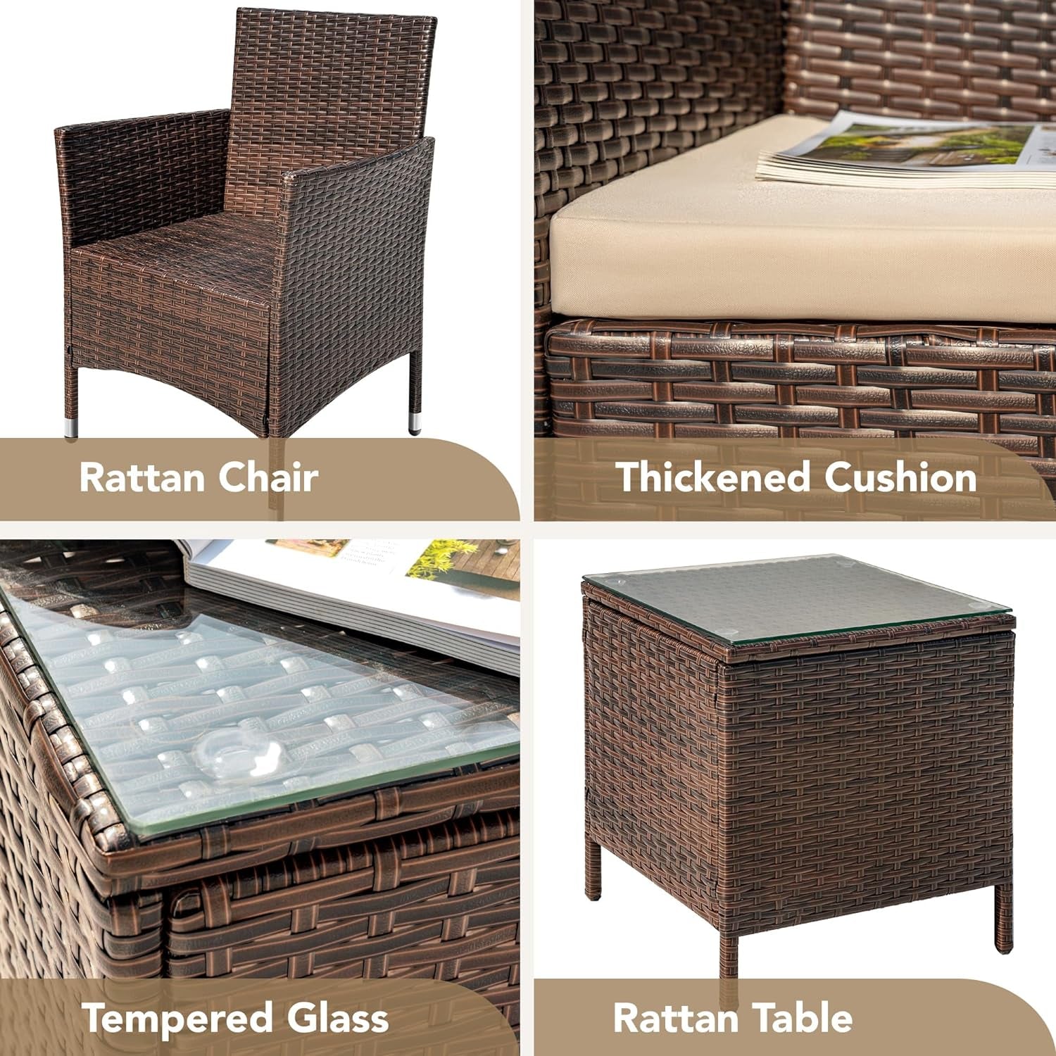 3-Piece Rattan Wicker Patio Set - Outdoor Garden Furniture with Table (Brown/Beige)
