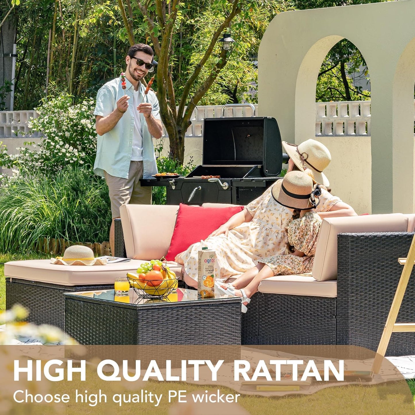 5-Piece Beige Wicker Patio Sofa Set with Cushions & Glass Table