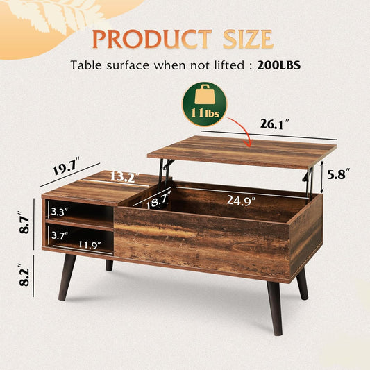 Wood Lift Top Coffee Table with Hidden Compartment and Adjustable Storage Shelf, Lift Tabletop Dining Table for Home Living Room, Office, Rustic Oak