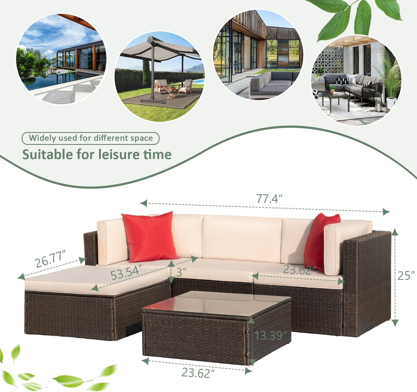 5-Piece Beige Wicker Patio Sofa Set with Cushions & Glass Table