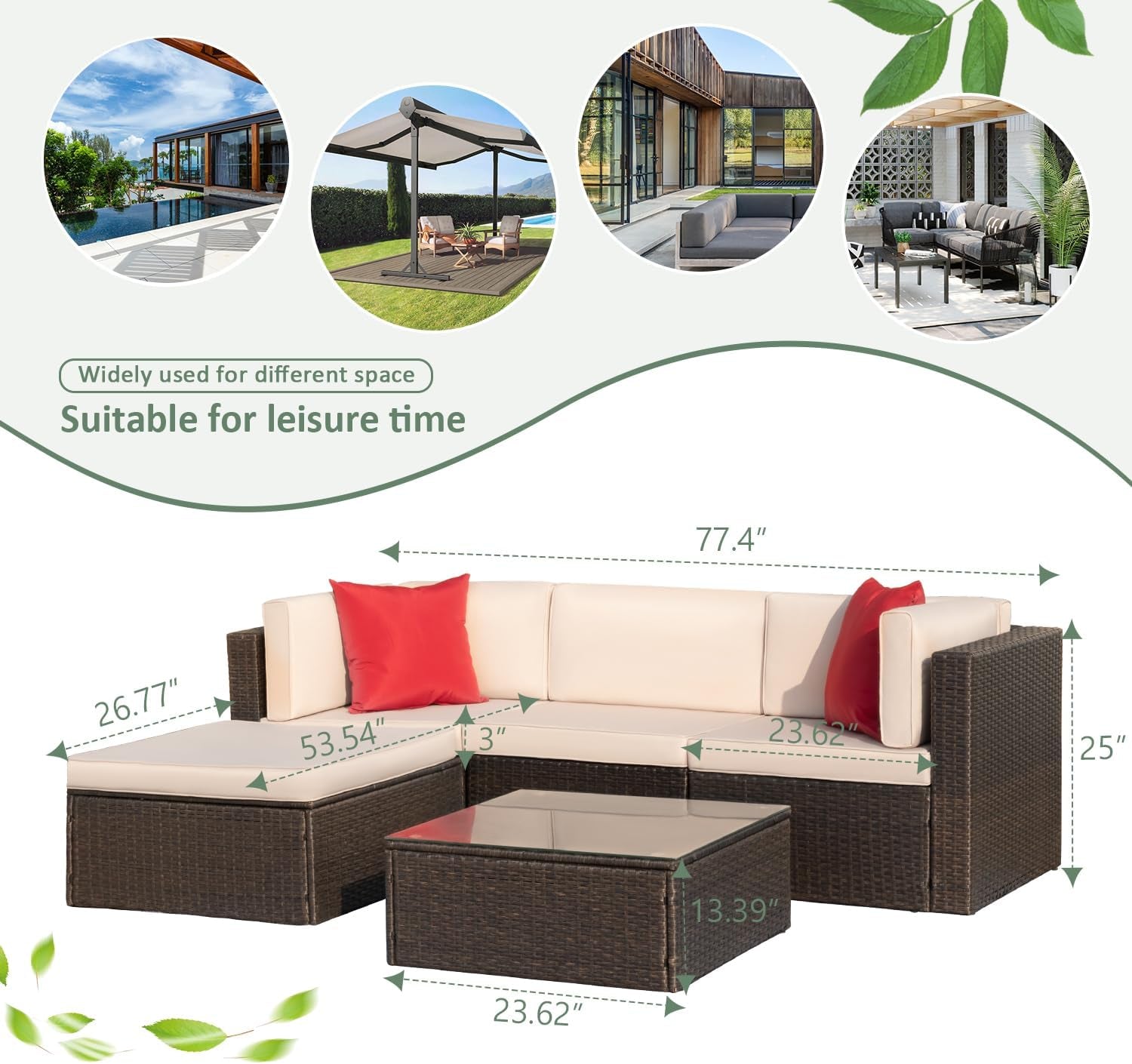 5-Piece Beige Wicker Patio Sofa Set with Cushions & Glass Table