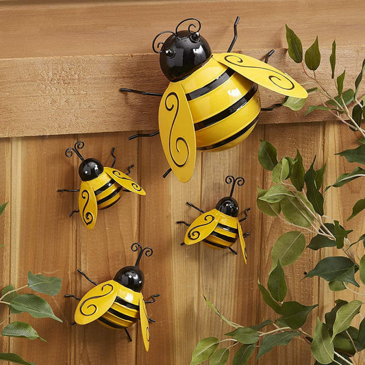 Metal Wall Art, 4PCS Metal Bumble Bee Wall Decor, 3D Iron Bee Art Sculpture Hanging Wall Decorations for Outdoor Home Garden