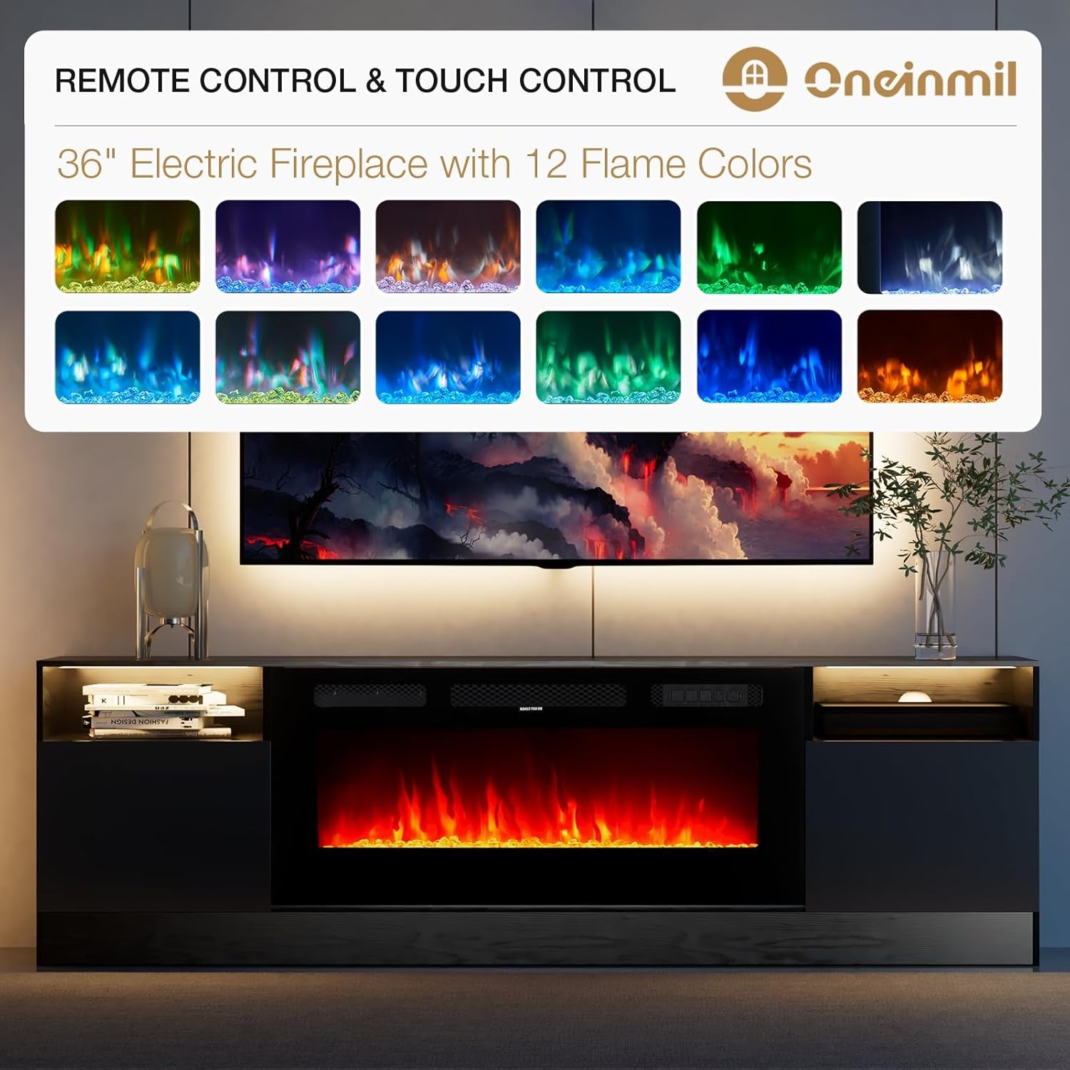 Fireplace TV Stand with 36" Electric Fireplace, LED Light Entertainment Center, Modern Wood Texture Entertainment Stand with Highlight Storage Cabinet for Tvs up to 80", 70 Inches, Black
