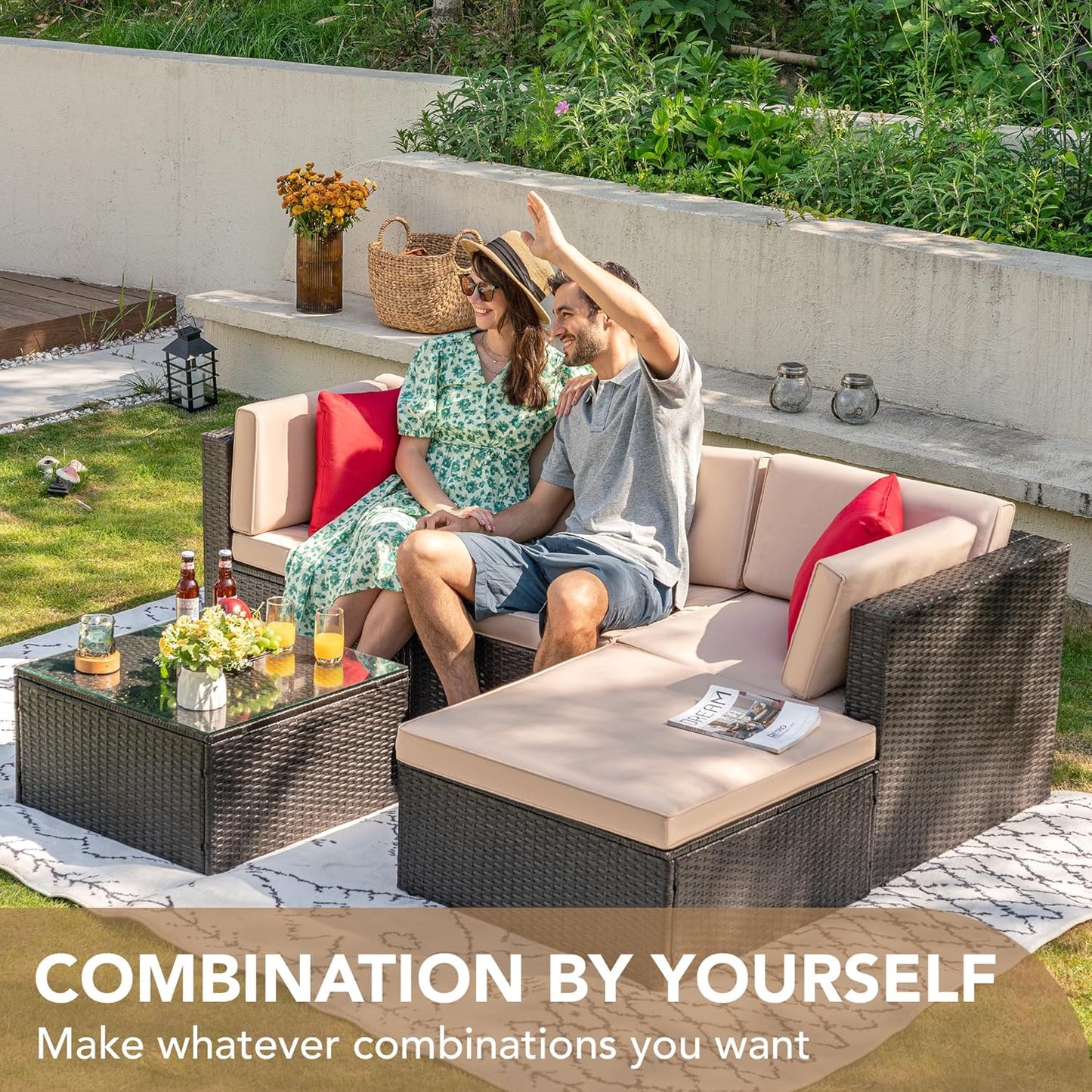 5-Piece Beige Wicker Patio Sofa Set with Cushions & Glass Table