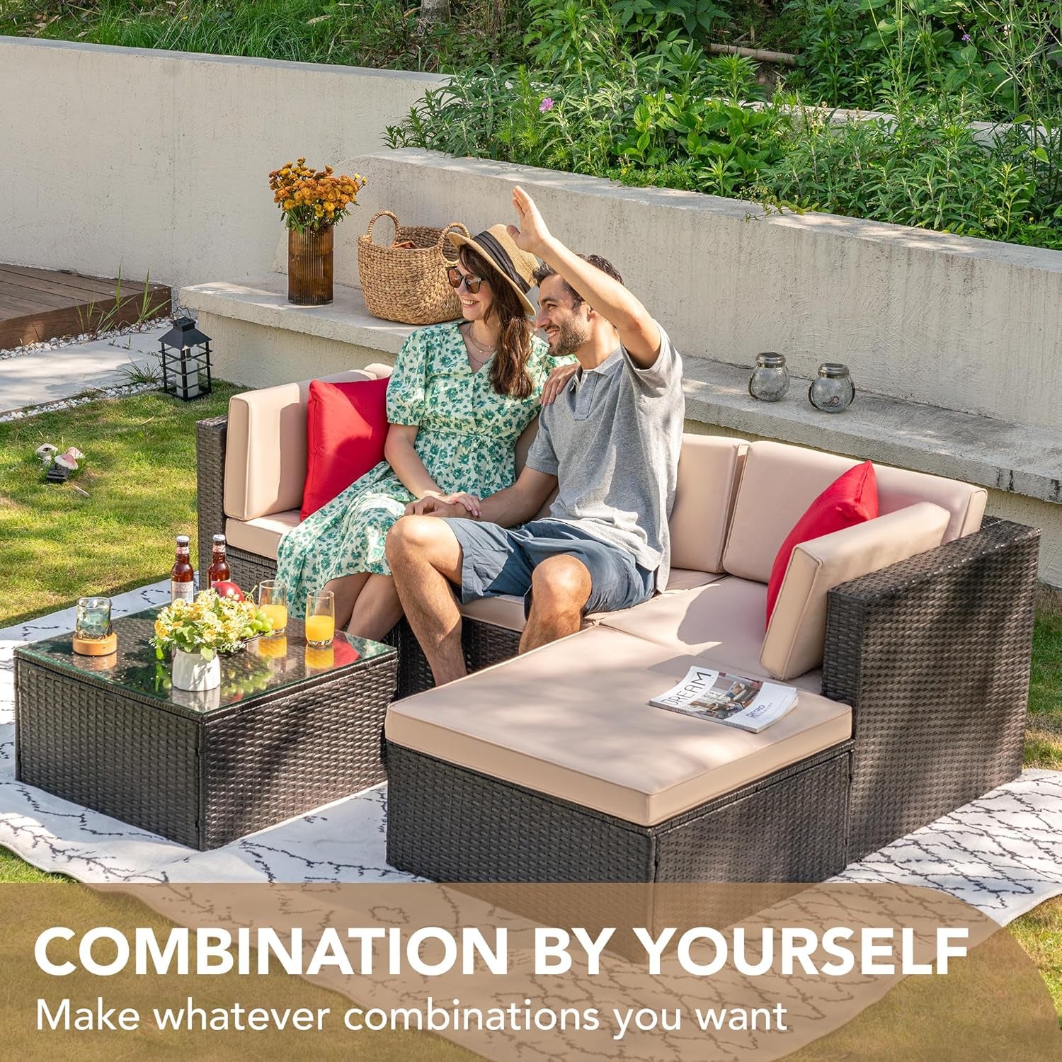 5-Piece Beige Wicker Patio Sofa Set with Cushions & Glass Table