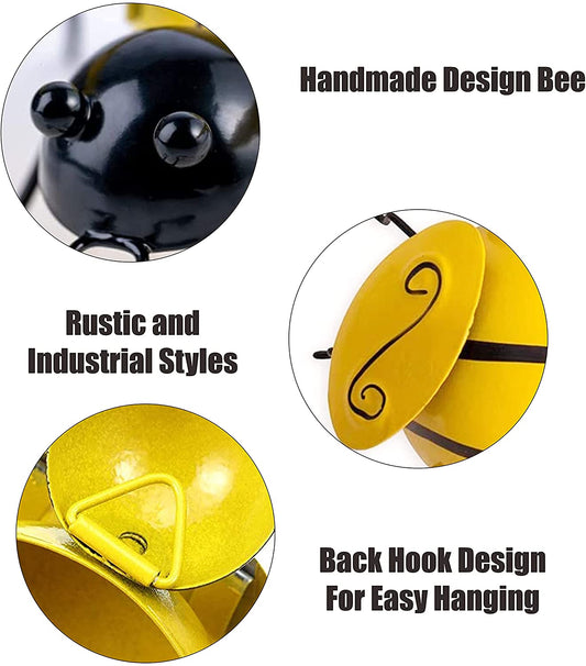 Metal Wall Art, 4PCS Metal Bumble Bee Wall Decor, 3D Iron Bee Art Sculpture Hanging Wall Decorations for Outdoor Home Garden