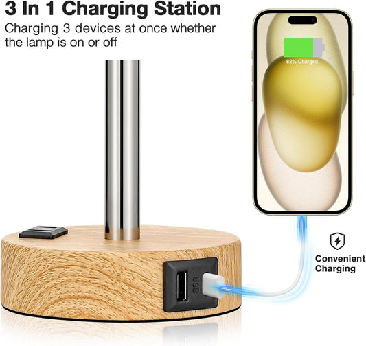 Bedside Table Lamp for Bedroom - 3 Way Dimmable Touch Lamp USB C Charging Ports and AC Outlet, Small Lamp Wood Base round Flaxen Fabric Shade for Living Room, Desk, LED Bulb Included