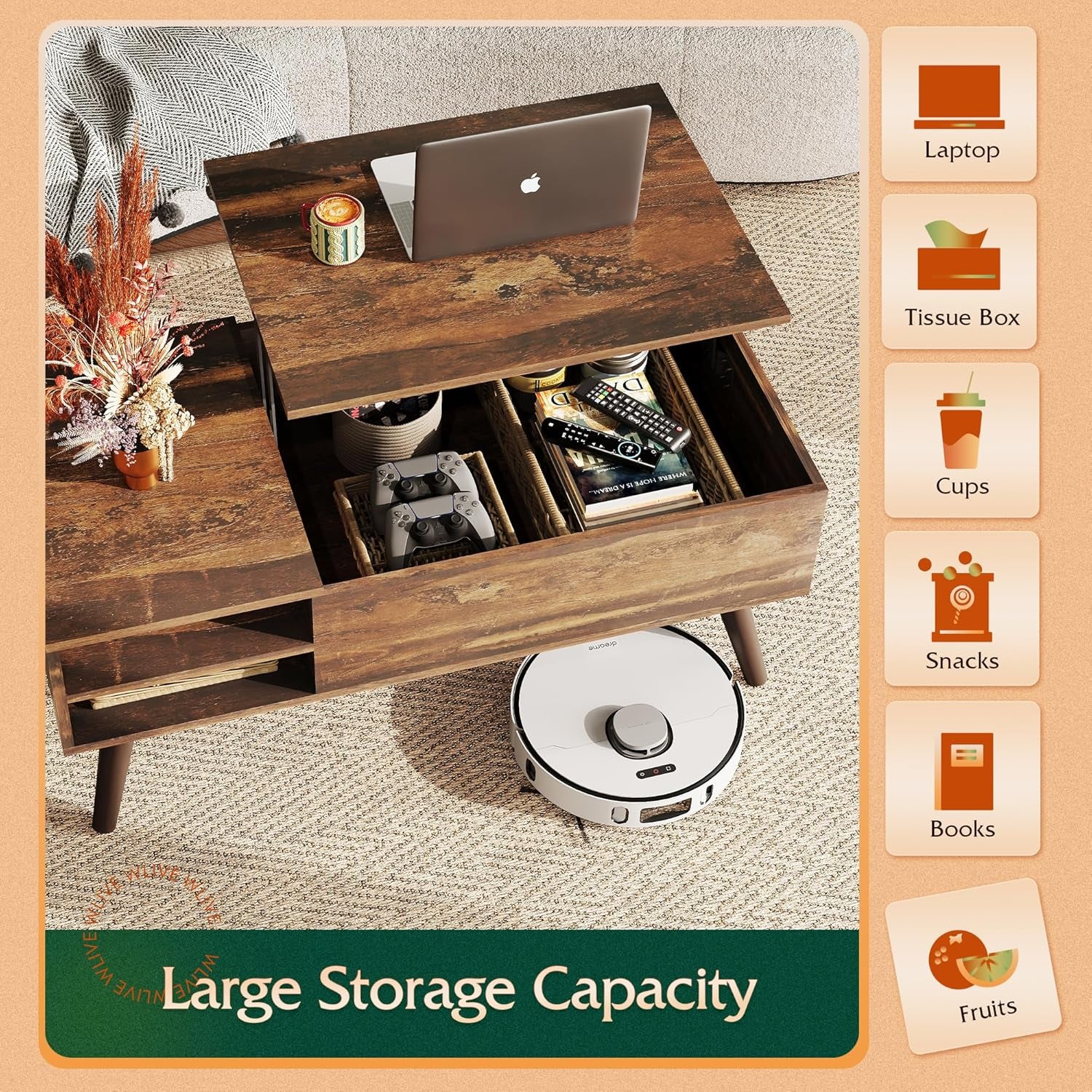 Wood Lift Top Coffee Table with Hidden Compartment and Adjustable Storage Shelf, Lift Tabletop Dining Table for Home Living Room, Office, Rustic Oak