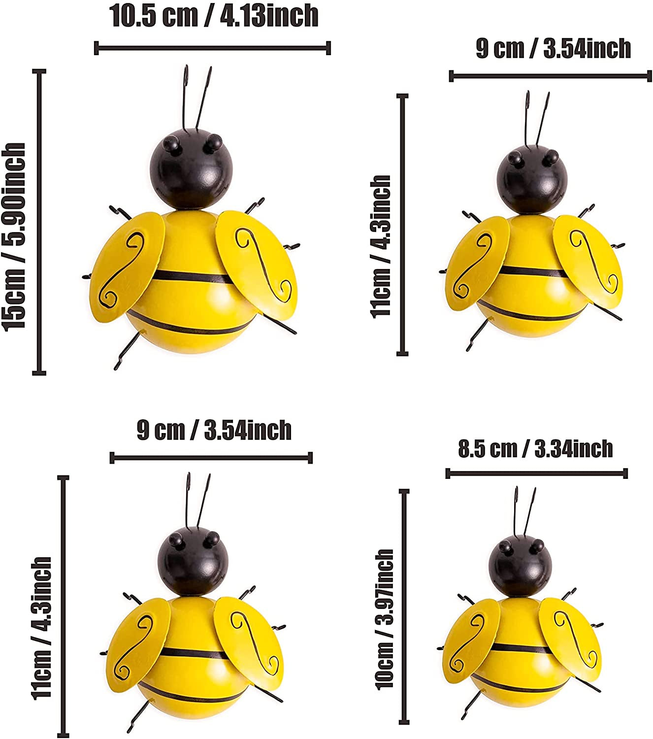 Metal Wall Art, 4PCS Metal Bumble Bee Wall Decor, 3D Iron Bee Art Sculpture Hanging Wall Decorations for Outdoor Home Garden