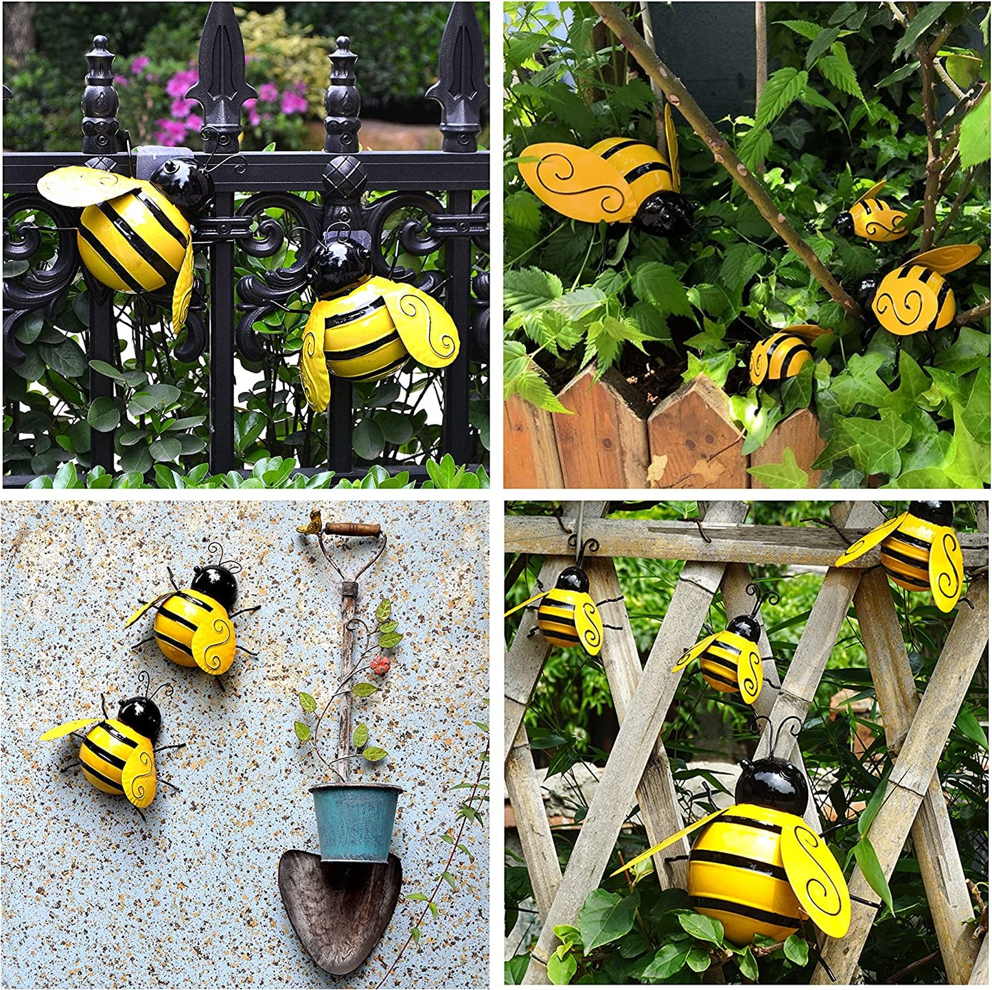 Metal Wall Art, 4PCS Metal Bumble Bee Wall Decor, 3D Iron Bee Art Sculpture Hanging Wall Decorations for Outdoor Home Garden