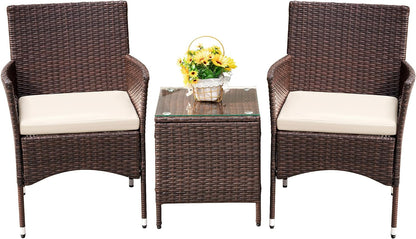 3-Piece Rattan Wicker Patio Set - Outdoor Garden Furniture with Table (Brown/Beige)