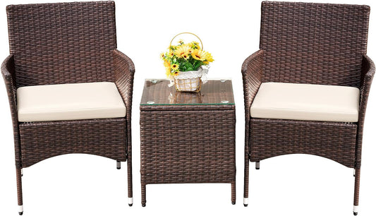 3-Piece Rattan Wicker Patio Set - Outdoor Garden Furniture with Table (Brown/Beige)