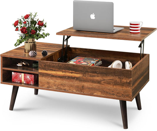Wood Lift Top Coffee Table with Hidden Compartment and Adjustable Storage Shelf, Lift Tabletop Dining Table for Home Living Room, Office, Rustic Oak