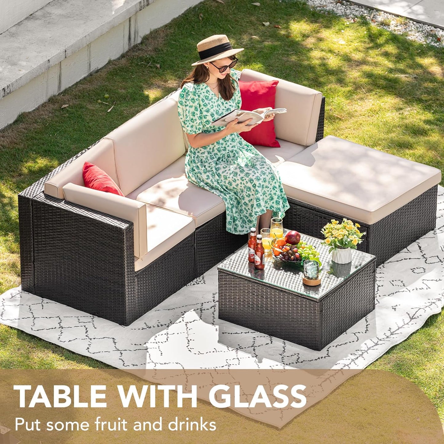 5-Piece Beige Wicker Patio Sofa Set with Cushions & Glass Table