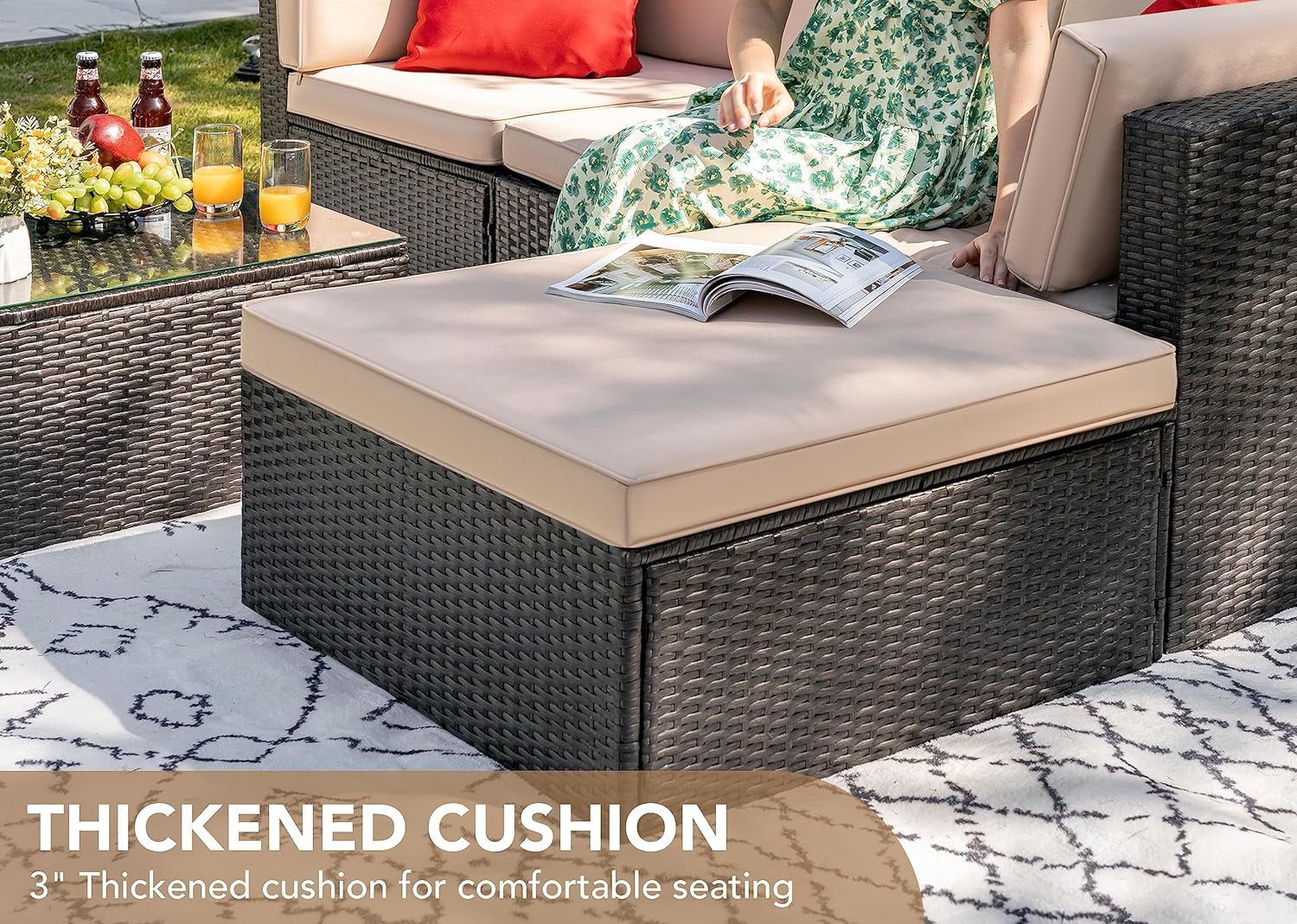 5-Piece Beige Wicker Patio Sofa Set with Cushions & Glass Table