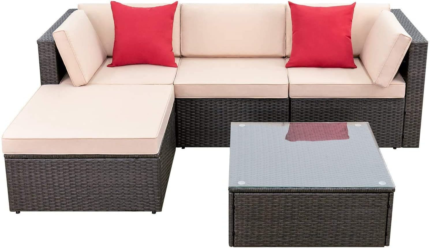 5-Piece Beige Wicker Patio Sofa Set with Cushions & Glass Table
