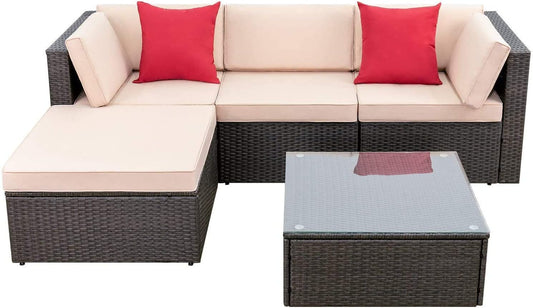 5-Piece Beige Wicker Patio Sofa Set with Cushions & Glass Table