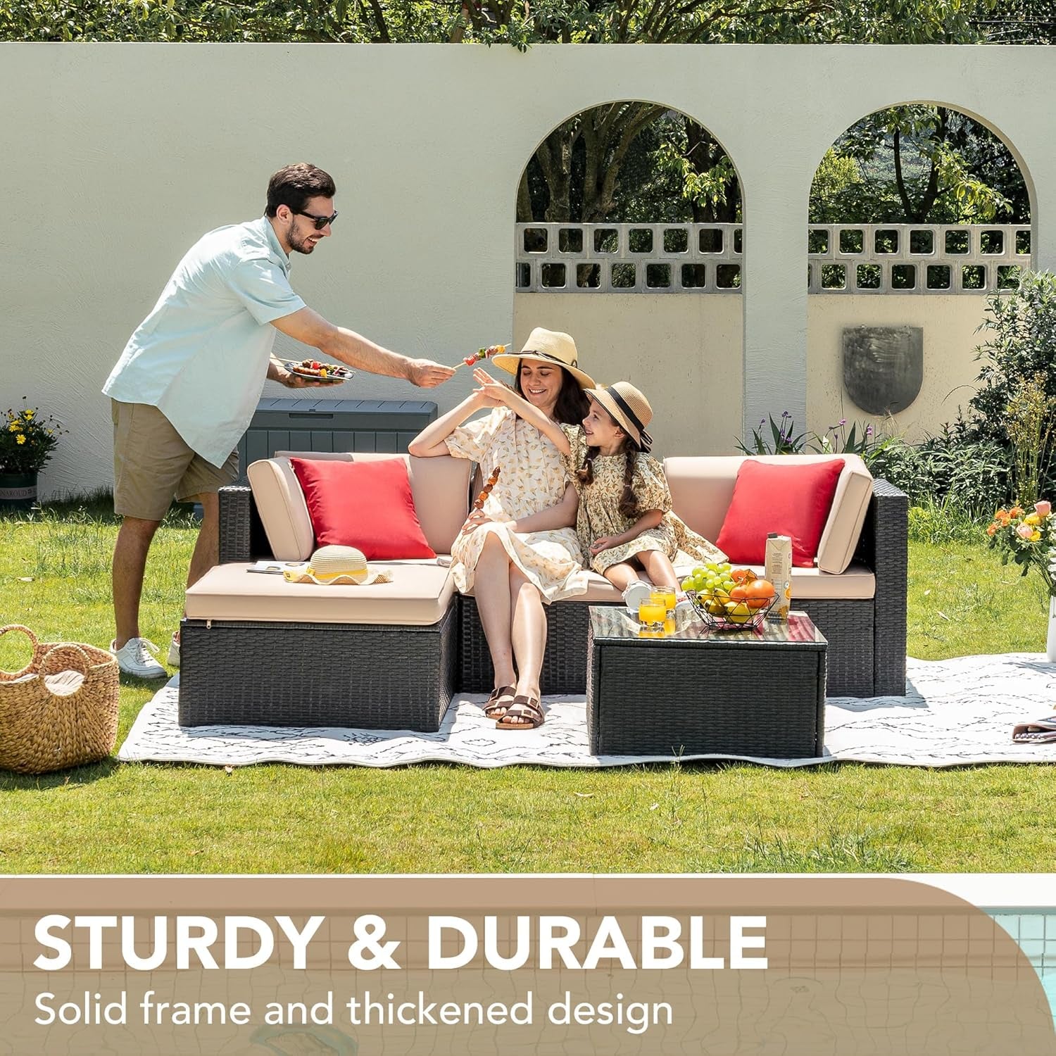 5-Piece Beige Wicker Patio Sofa Set with Cushions & Glass Table